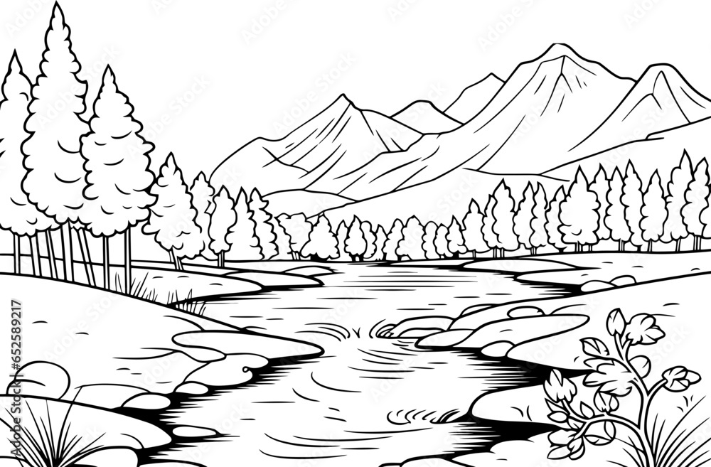 River in forest landscape drawing