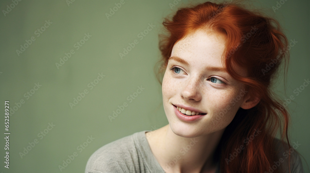 Beautiful young red hair woman on a moss green colored background Beautiful young red hair woman on a moss green colored background