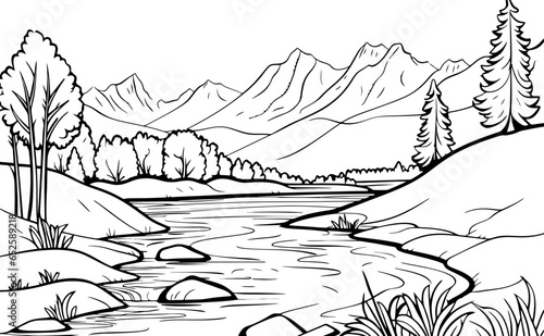 River in forest landscape drawing