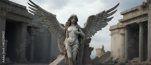 Angel statue on an abandoned temple background. from Generative AI