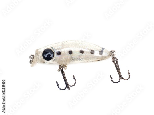 Picture of colorful fish shaped plug baits with 3 way hooks. Fishing equipment isolated on white background.