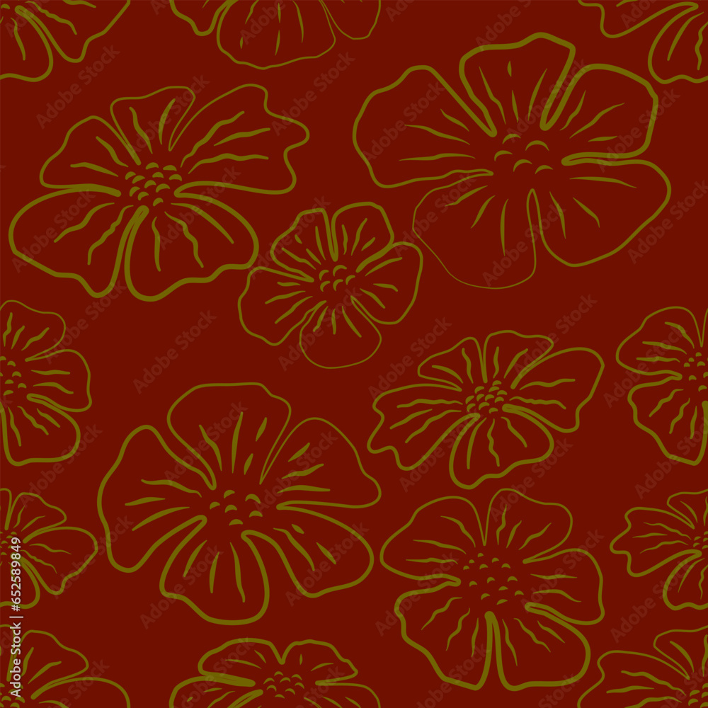 Seamless pattern with hand drawn line art gold flowers on red.
