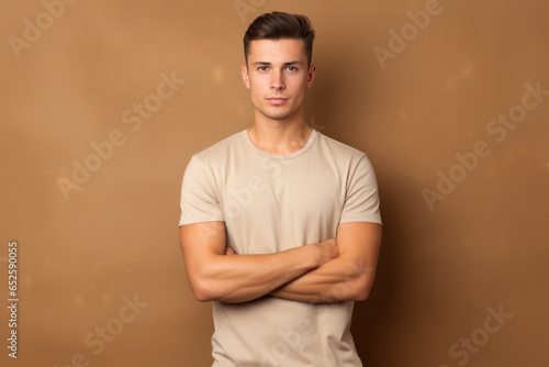 A young man in a casual t-shirt on a brown background