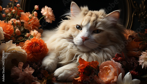 Cute kitten sitting, looking at camera, surrounded by beautiful flowers generated by AI photo