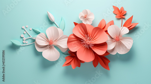 Paper cut flowers and leaves with pastel blue background, Fresh spring nature background. Floral banner, poster, flyer template with copy space. © Strabiliante