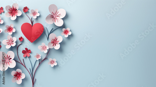 Paper cut style flower and hearts on pastel blue background for postcard, advertisement, brochure, poster #652591297