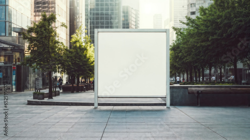 Large blank advertising poster billboard in front of building in urban city. Generative AI