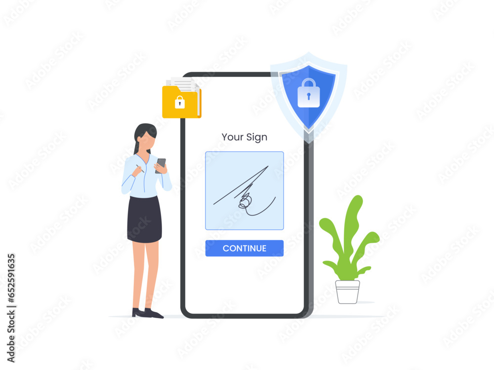 Concept of digital signature. A businesswoman signs on a smartphone screen, executing a digital or e-contract. Isolated vector illustration.