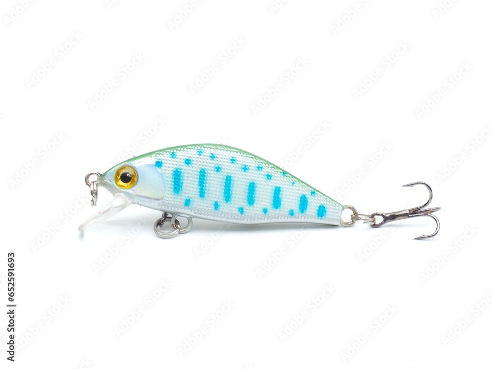 Picture of colorful fish shaped plug baits with 3 way hooks. Fishing equipment isolated on white background. Picture of colorful fish shaped plug baits with 3 way hooks. Fishing equipment isolated on white background.