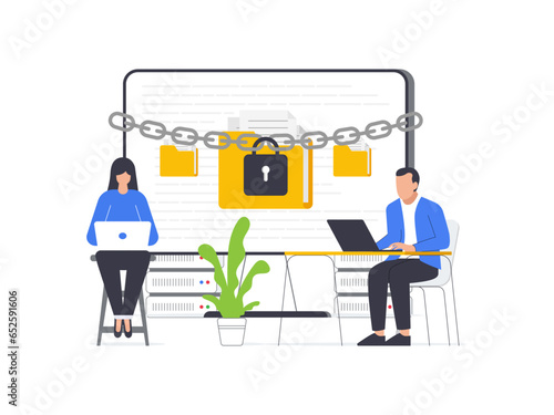 A man and woman attempt to unlock a secure document folder on a computer, illustrating the concept of a ransomware attack. Flat design vector illustration.