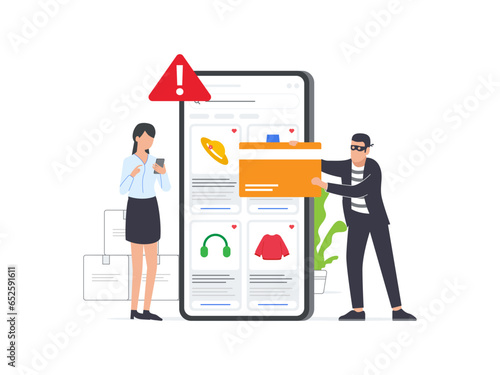 Cybercriminals targeting a woman's online shopping for credit card and financial data. Illustrating digital threats like hacking, phishing, scams, malware, and financial security risks.