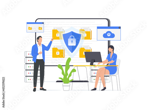 Illustration of data security. A shield on a computer desktop or laptop protects sensitive data, ensuring internet security. Vector design with character illustration.