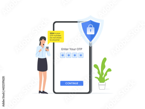 A vector illustration depicting a woman entering a one-time password as part of the validation process.