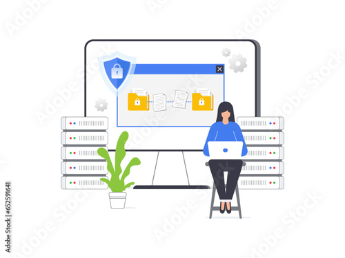File transfer concept with data backup, document storage, cloud technology, upload and download. Flat vector illustration template.