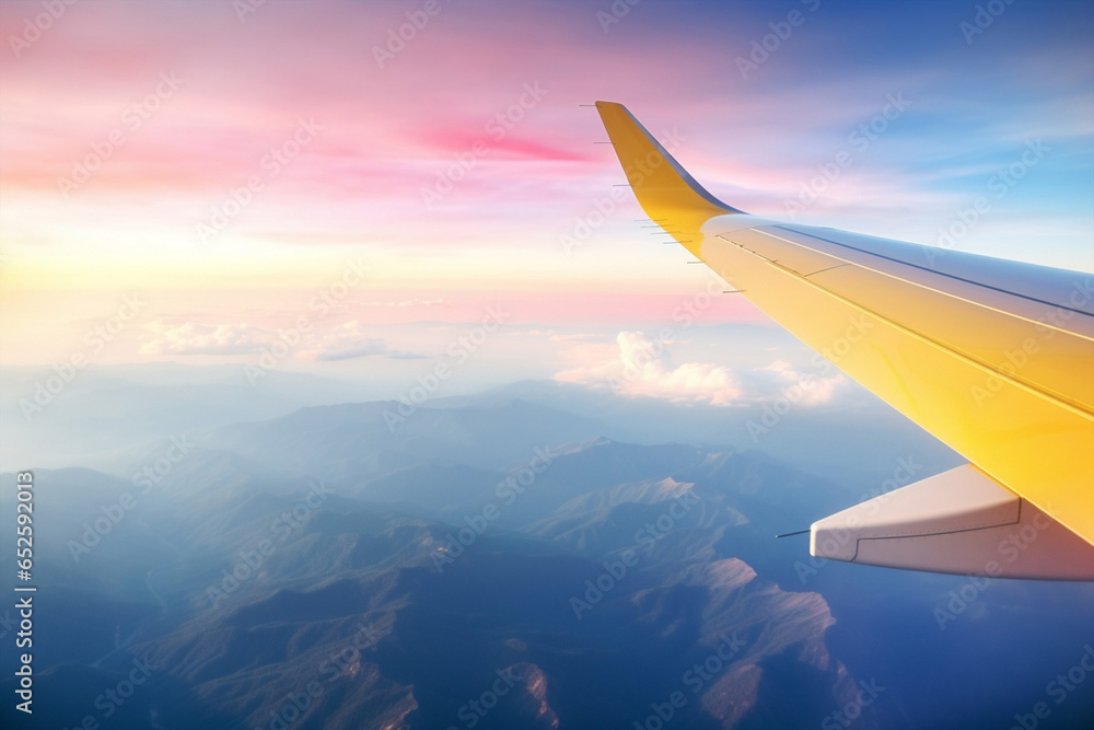 Fototapeta premium Plane clouds air flight flying travel transportation wing sky window