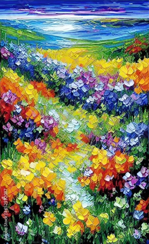 Acrylic art painting of meadow of flowers in thickly painted bright colors