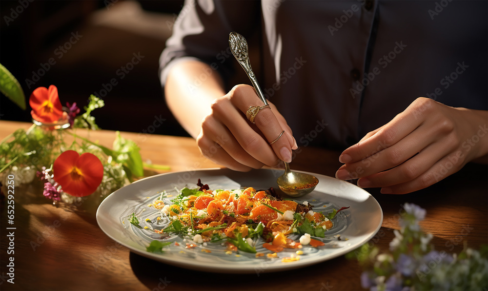 modern food stylist's hands artfully decorating a meal for presentation in a high-end restaurant