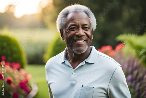 Portrait of happy senior African American man in garden. Portrait of a senior person