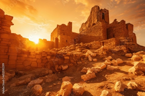 Ancient ruins bathed in the golden hues of a setting sun.