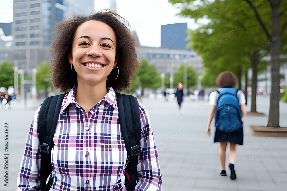Portrait of a happy mixed race woman carrying a backpack, wearing a checked shirt and smiling to camera with city buildings in the background. Portrait of a person