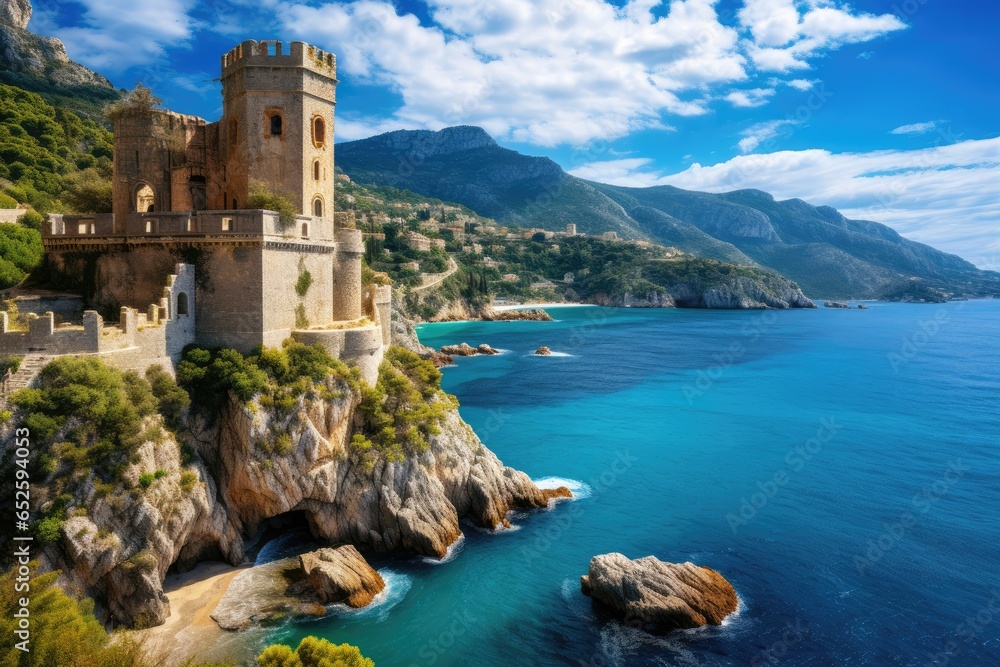 Majestic medieval castle perched on a rocky cliff overlooking a tranquil azure sea with billowing white clouds above.