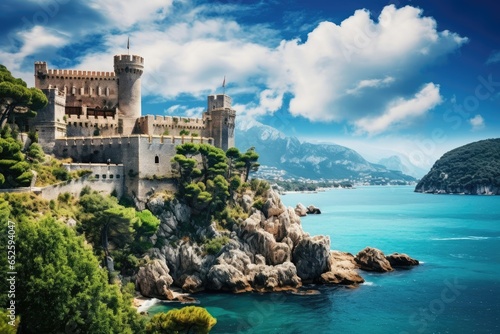 Majestic medieval castle perched on a rocky cliff overlooking a tranquil azure sea with billowing white clouds above. © Kanisorn