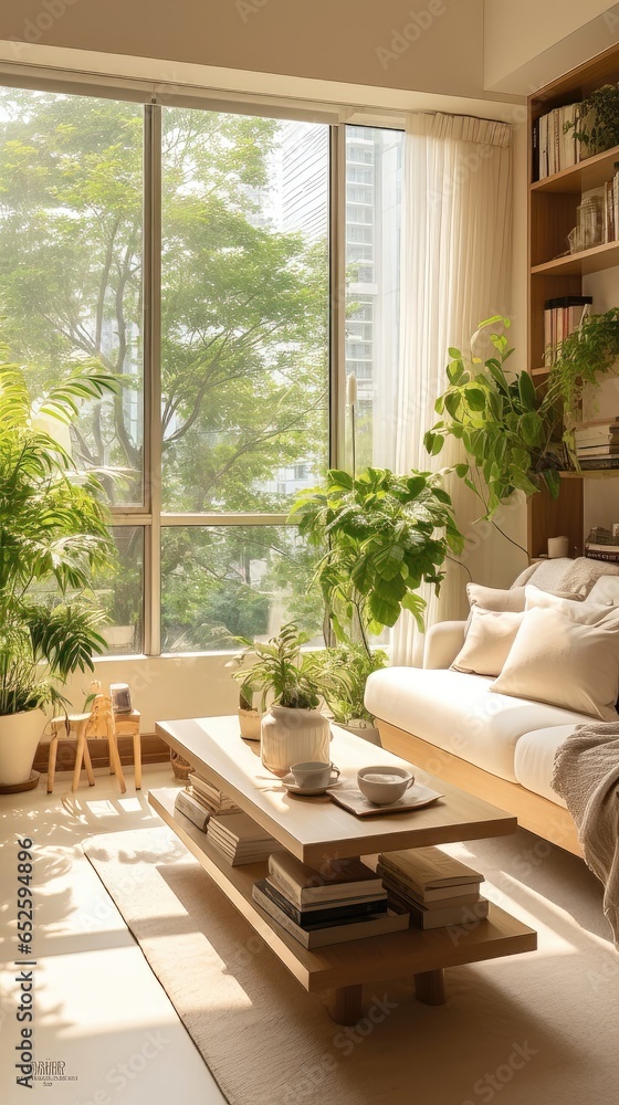 Urban Oasis: A Serene Living Room Retreat Amidst the City. Generative AI 11