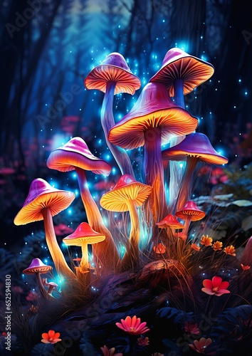 Fotótapéta mushrooms sitting rock woods emissive lights pixie magic princess scattered glow