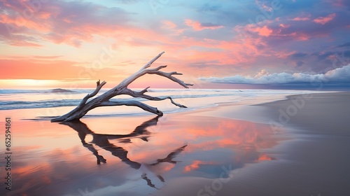 closeup tree branch beach sunset background new zealand landscape magazine alternative reality mirrors opalescent colors driftwood sculpture real life loss inner self young photo