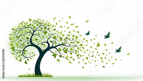 tree green leaves blowing wind birds flying away explosion digital grey background concept debris spread butterflies flight arbor connections great migration scattered clip young remembrance
