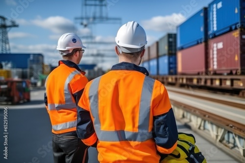 Photo of a two Caucasian industrial engineers in white hard hat and working on tablet PC. Two railway station employees monitor the shipment of containers from the warehouse.