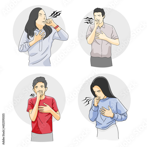 set of man and woman coughing sick