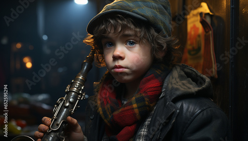 Cute Caucasian boy playing musical instrument, looking at camera indoors generated by AI