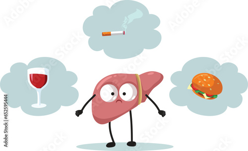 Sad Liver Suffering from Unhealthy Habits Vector Cartoon illustration. Sick internal organ feeling unwell from bad lifestyle 
