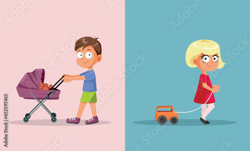 Children not Following gender Stereotypes while Playing Vector Concept Illustration. Kids breaking gender norms engaging in different role play 
