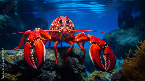 photo illustration of a lobster in an aquarium.generative ai photo