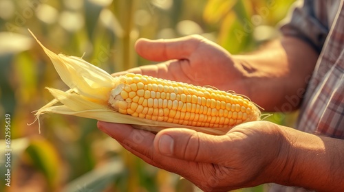 Close-up of a farmer's hand holding a crop of yellow corn in a corn field on a clear day.