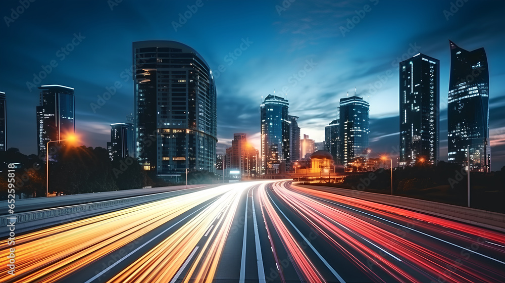 Road light in city, night megapolis highway lights of cityscape , megacity traffic with highway road motion lights, long exposure photography.
