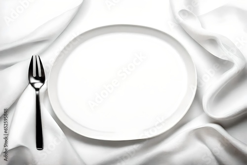 White linen napkin on wooden background with copy space. Top view flat lay. Kitchen napkin on white table.