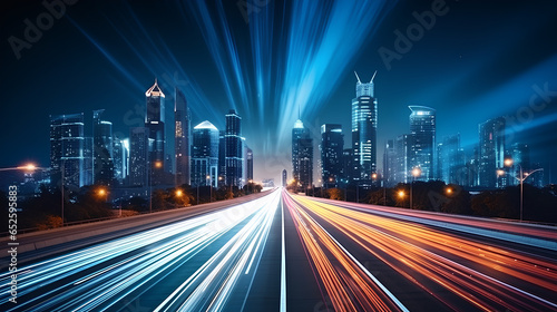 Road light in city, night megapolis highway lights of cityscape , megacity traffic with highway road motion lights, long exposure photography.