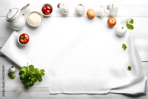 White linen napkin on wooden background with copy space. Top view flat lay. Kitchen napkin on white table.