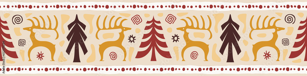 Obraz premium Seamless border, deer and spruce, Christmas pattern, ethnic background, vector banner