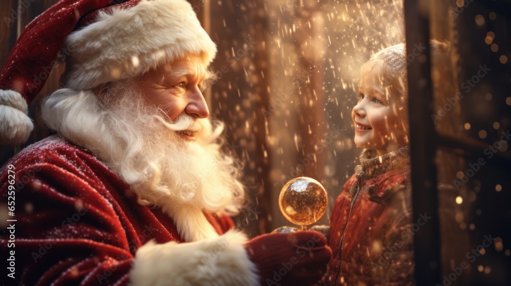 Magical Christmas background with Santa Claus and children. Winter fairytale style. Holiday celebration concept.