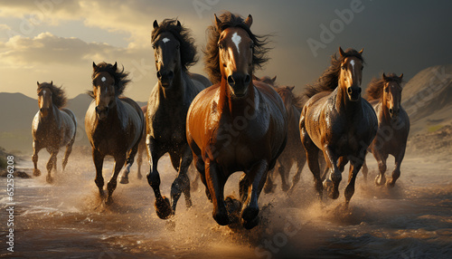 Running stallions in a picturesque meadow  embodying freedom and beauty generated by AI