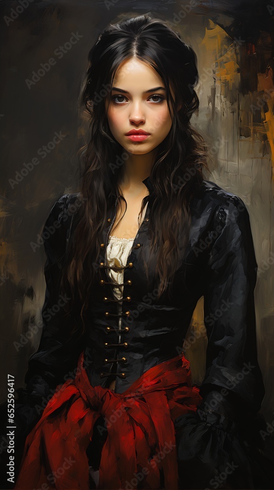 woman black dress red ribbon stunning real portrait young pirate half