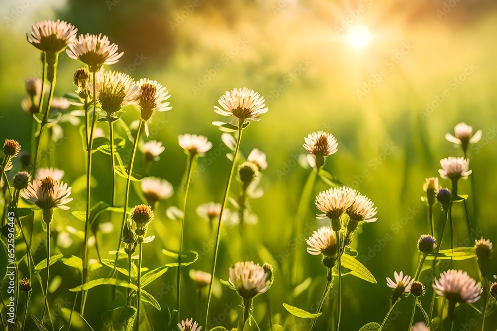 The landscape of white daisy blooms in a field, with the focus on the setting sun. The grassy meadow is blurred, creating a warm golden-hour effect during sunset