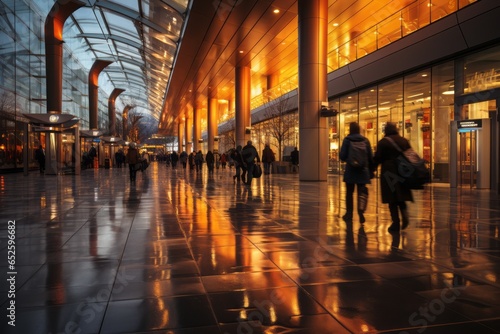 Busy airport terminal, with travelers rushing past and luggage carts contributing to a dynamic blur, Generative AI