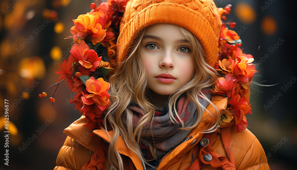 Smiling cute child, cheerful girls, beauty in nature, warm clothing generated by AI Smiling cute child, cheerful girls, beauty in nature, warm clothing generated by AI