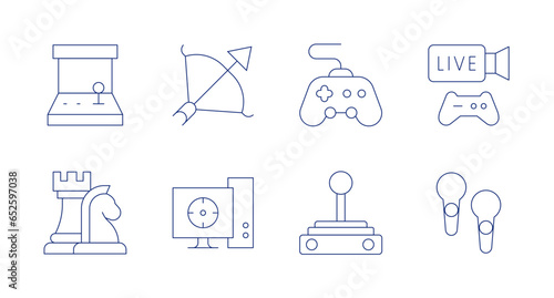 Gaming icons. Editable stroke. Containing arcade machine, bow and arrow, chess, computer, gamepad, joystick, streaming, vr.