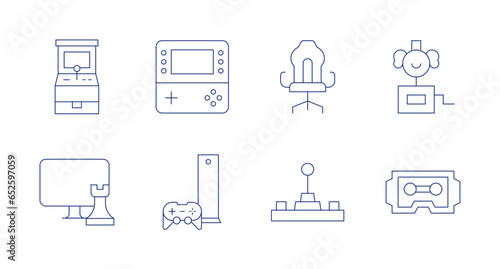 Gaming icons. Editable stroke. Containing arcade, chess game, game console, gamer, gaming console, joysticks, surprise box, vr.